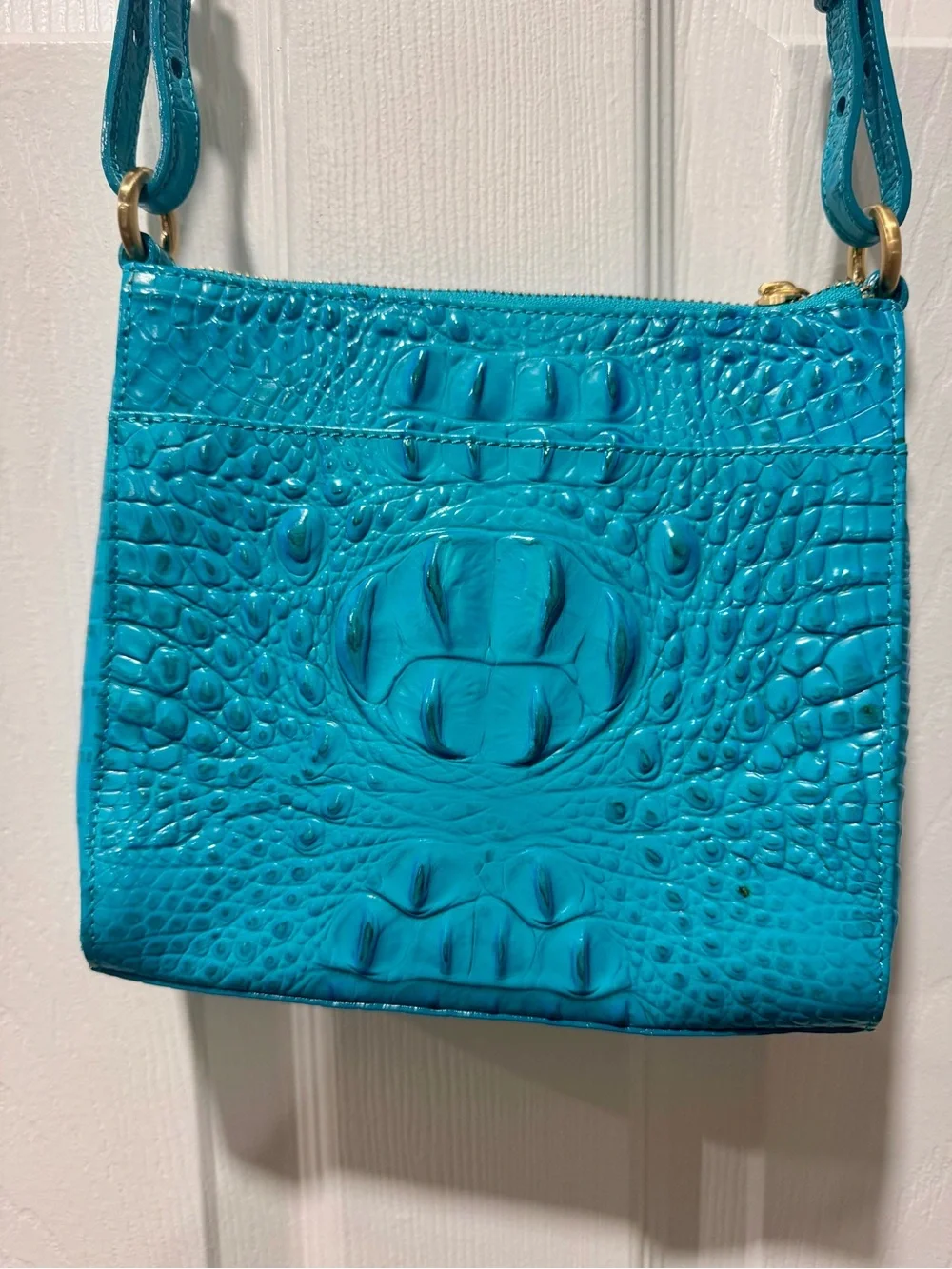 Brahmin Teal Croc-Embossed Leather Crossbody with Tassel with dust bag